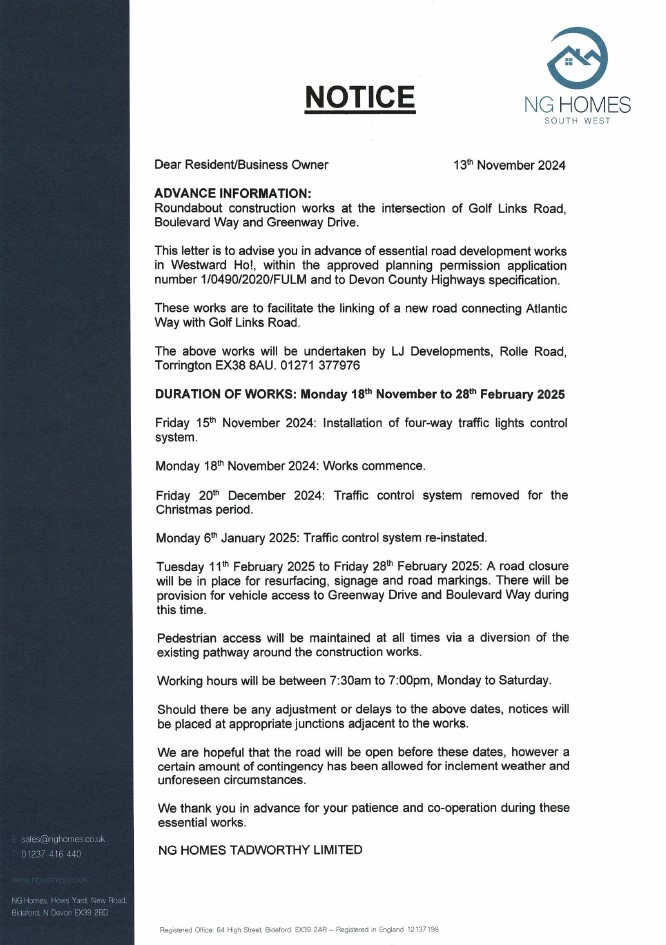 Planned road works at Atlantic Way and Golf Links Road