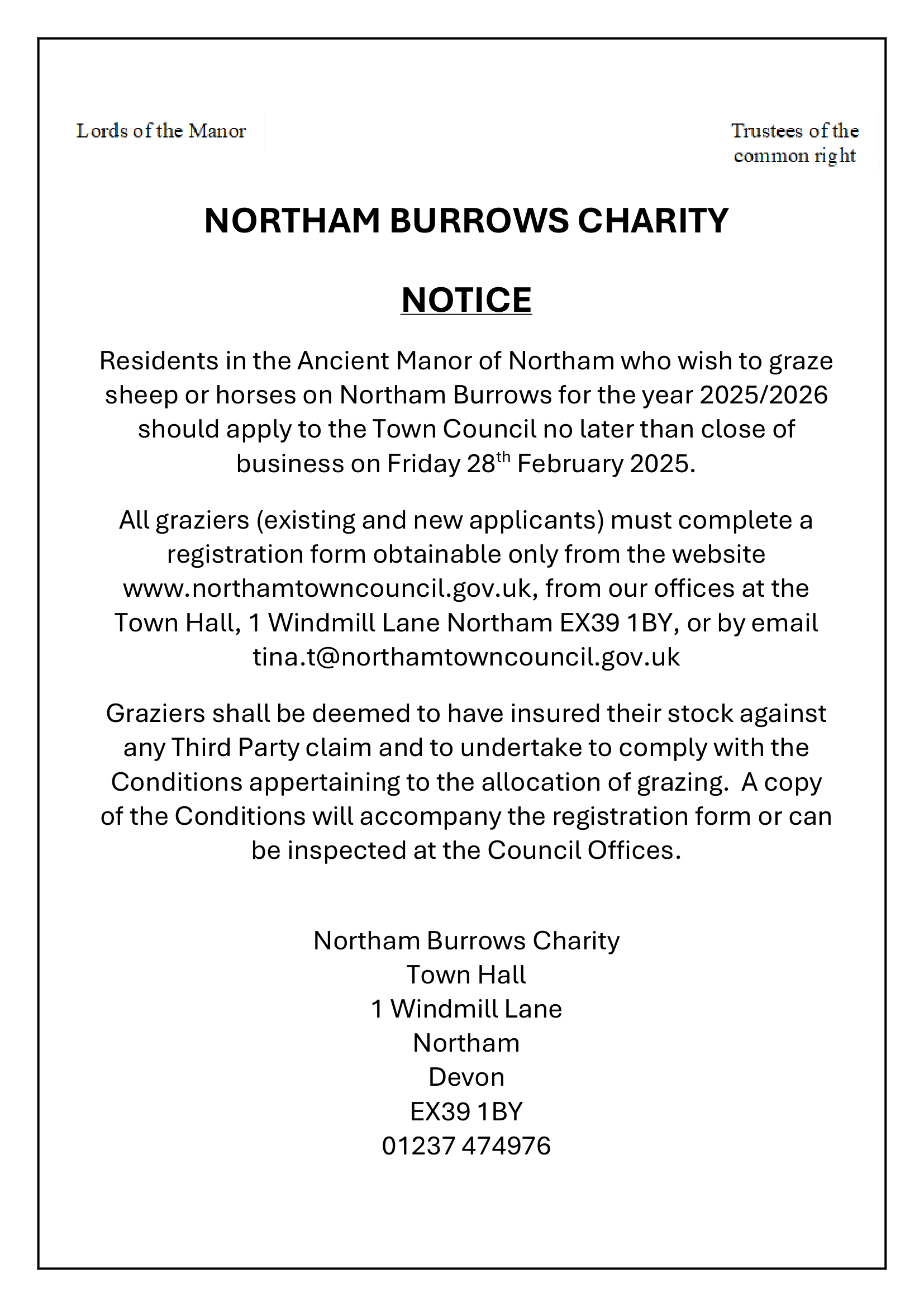 Northam Burrows Grazing Notice