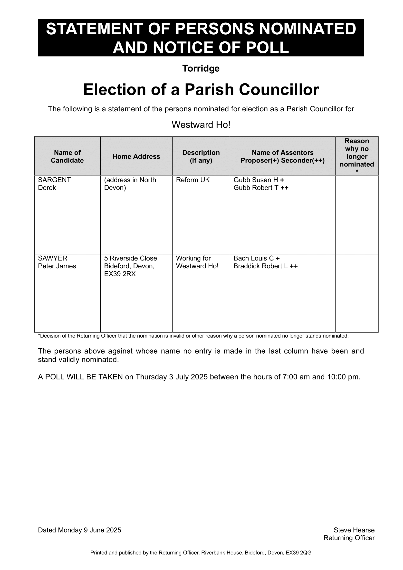 Election of a Parish Councillor Westward Ho!