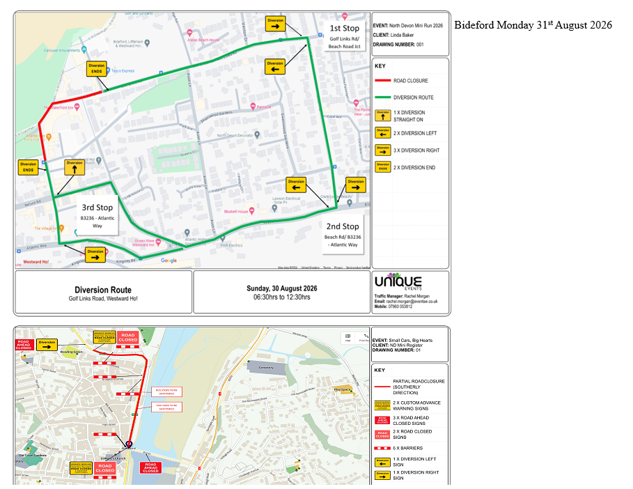 Proposed Temporary Road Closure Part Golf Links Road, Westward Ho! & Kingsley Road, Bideford